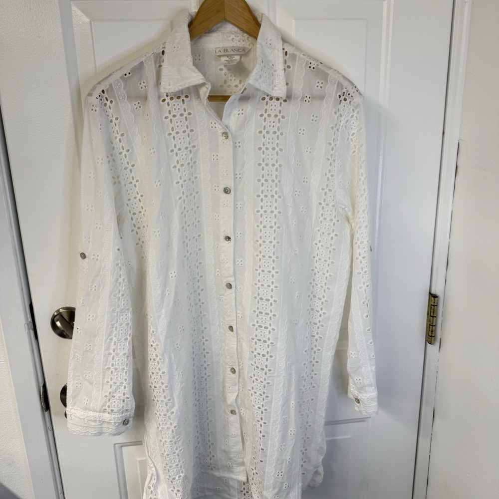 La Blanca‎ White Eyelet Camp Tunic Shirt Swim Cover-Up L88730 Womens Size Small
